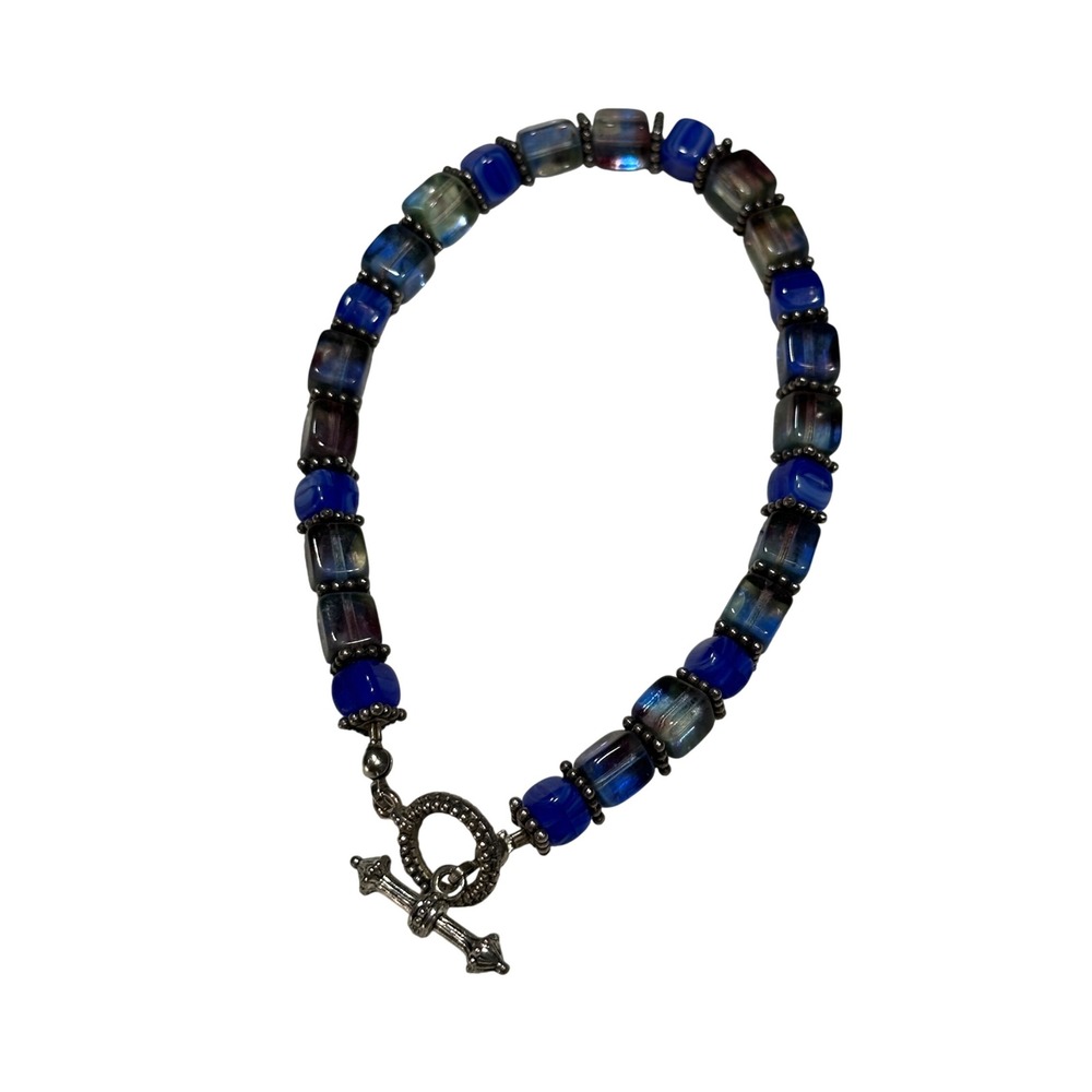 Blue Iridescent Glass Square Bead Toggle Bracelet Silver Tone Spacers Boho